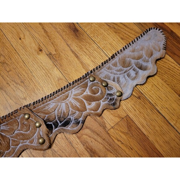 Handmade Wide Festival Belt Leather Cowhide Hair Fur Scalloped Floral Mandala main image 5